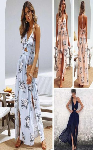 

chiffon women summer dress beach maxi dresses neckmounted sleeveless floral backless with bowknot vestidos femme 2105285026764, Black;gray