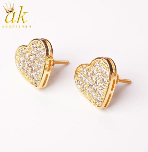 

14mm width heartshaped gold color stud earring for men women full cubic zircon screw back fashion hip hop jewelry gift8549712, Golden;silver