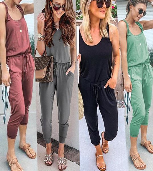 

fashion slim summer jump suits women lace up solid casual rompers spaghetti strap pocket black jumpsuits sport ladies clothes4137300, Black;white