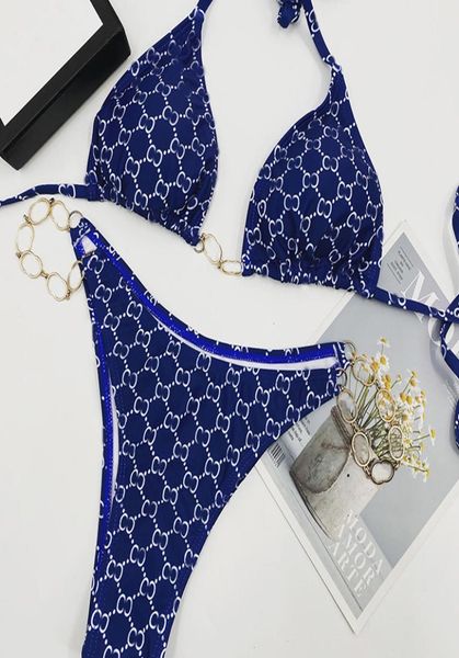 

summer lady outdoor bikini full letter printed vacation backless swimwear women bandage metal accessories swimsuit6210472
