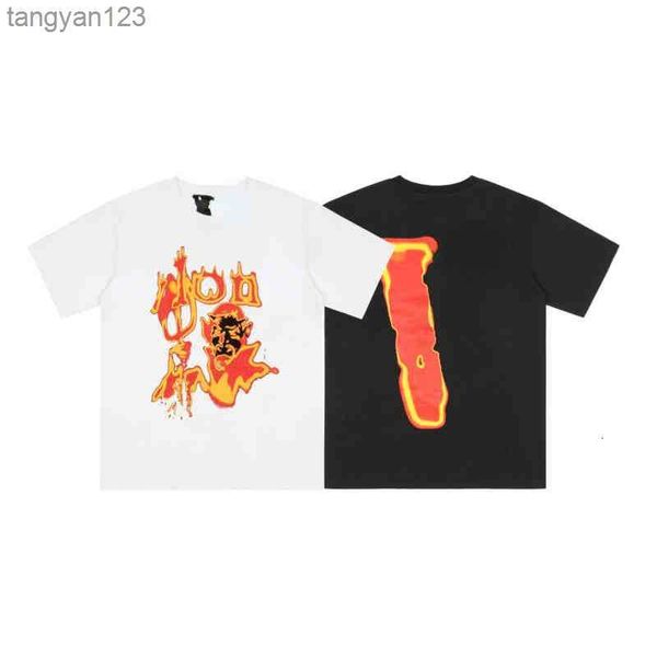

european and american designer shirt v 22 lone short-sleeved t-shirt flame big printing summer cotton loose street hip-hop sweatshirt, White;black