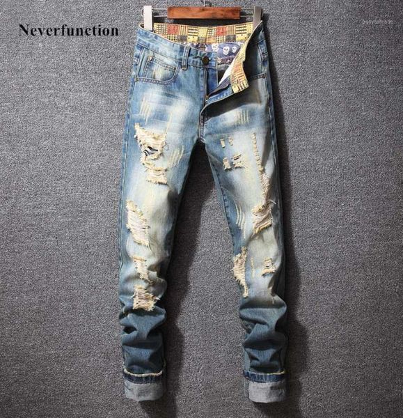 

men ripped vintage blue slim fit straight jeans trousers hip hop streetwear fashion destroyed holes denim pants plus size 408730302