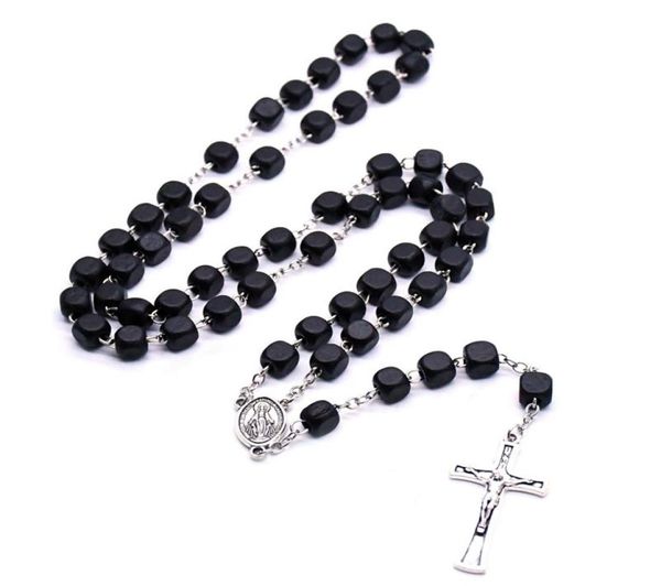 

2021 black square wood christ rosary neckalce vintage cross beads strand necklace long religious pray jewelry new3902368, Silver
