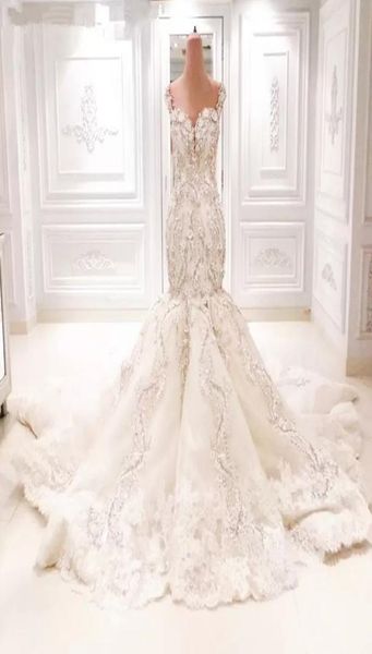 

michael cinco sparkly lace mermaid wedding dresses cathedral train 3d floral vneck backless dubai arabic fishtail bridal dress4258678, White