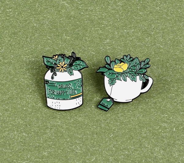 

happy life enamel brooches green plants leafes tea bag custom lapel pins coffee cup yellow flowers shirt badge jewelry gift7859855, Gray