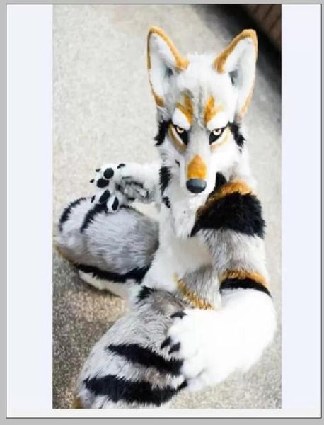 

husky dog fox mascot costume long fur furry costume artificial fur wolf halloween suit9800340, Red;yellow