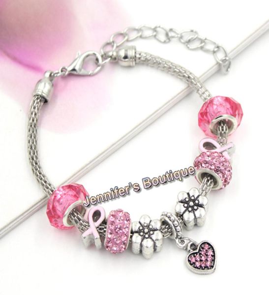 

new arrival european style breast cancer awareness jewelry pink crystal heart pdr charms pink ribbon bracelets for breast cancer j9455494, Golden;silver