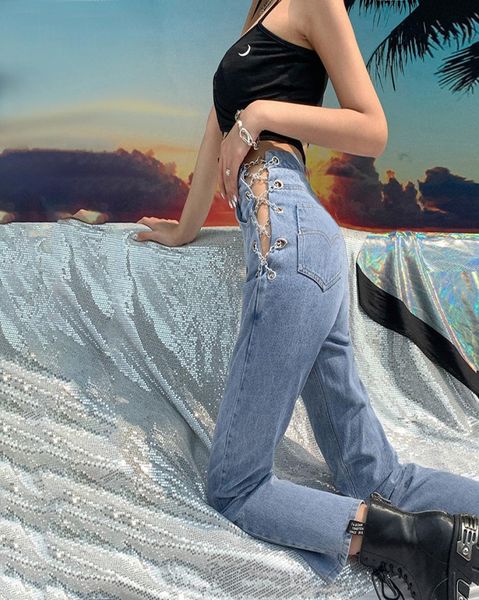 

womens fashion high waist jeans harajuku straight jean femme streetwear side chain hollow out jeans7912790, Blue