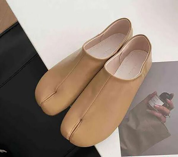 

women flats tabi leather shoes round split toe shallow women single shoes lazy slip on slingback mules leather shoes soft loafe comfort fash, Black