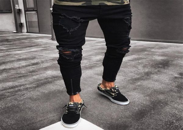 

mens cool designer brand black jeans skinny ripped destroyed stretch slim fit hop hop pants with holes for men8680759, Blue