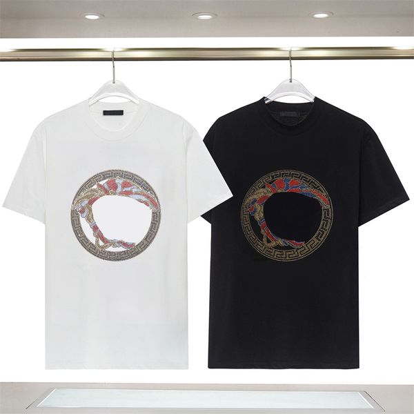 

fine cotton double yarn ver t-shirt men's new design letter logo high density diamond casual embroidery loose short sleeve size: s-2xl, White;black