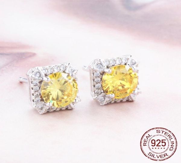 

925 sterling silver stud earrings woman fashion jewelry yellow crystal zircon gift e0421482961, Golden;silver