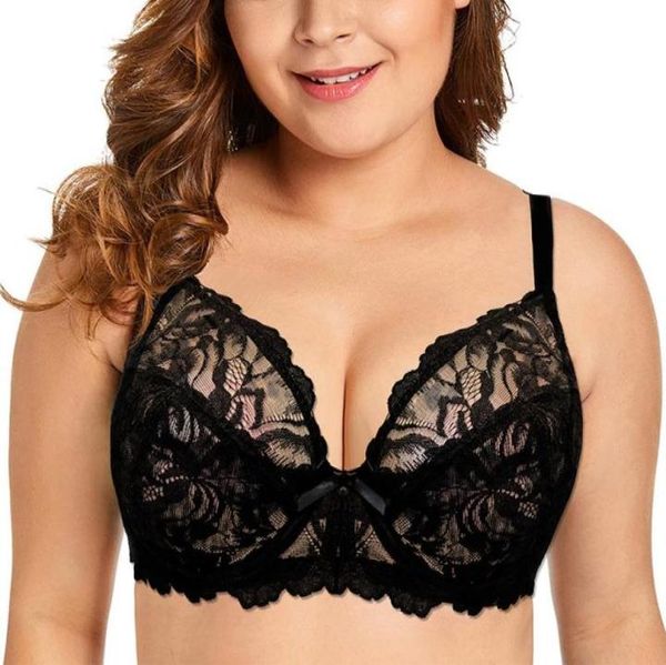 

embroidery plus size bra women full coverage floral lace bra unlined underwire black white brassiere perspective bralette1118068, Red;black