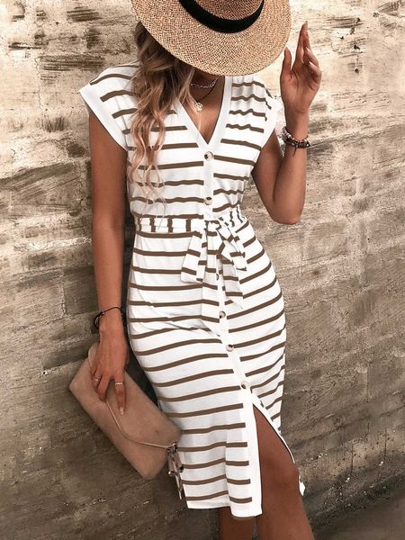 

striped dolman sleeve button through slit belted dress, Black;gray