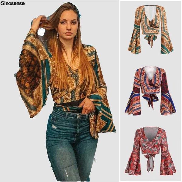 

women's blouses shirts women's vintage floral print boho shirts v neck tie back flare sleeve cropped shirt blouses casual bohemia, White
