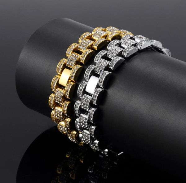 

bling bling 15mm 21cm gold silver hip hop mens rhinestones watchband chain bracelet tank bangle for boys rapper rocker punk iced o6144232, Black