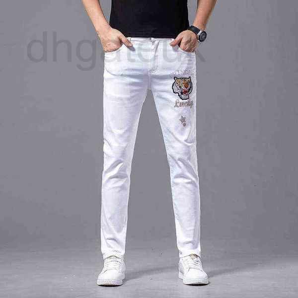 

men's jeans designer white cotton korean version small foot slim fit international high-end brand light luxury embroidery ccnw, Blue