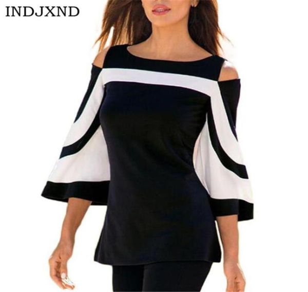 

women039s blouses shirts women blouse black white colorblock bell sleeve cold shoulder mujer camisa feminina office ladie9642067