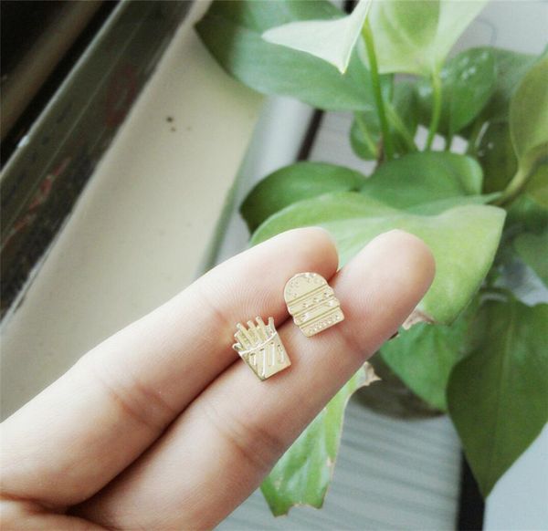 

fashion hamburger and french fries combination stud earrings lovely food class mix three color whole5059986, Golden;silver