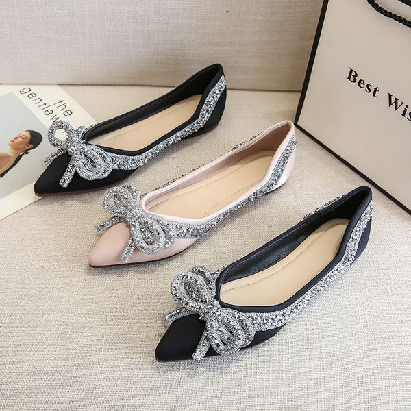 

sandals ballet flats shoes for women fashion rhinestones bow flat footware female plus size moccasin boat chaussure femme 230711, Black