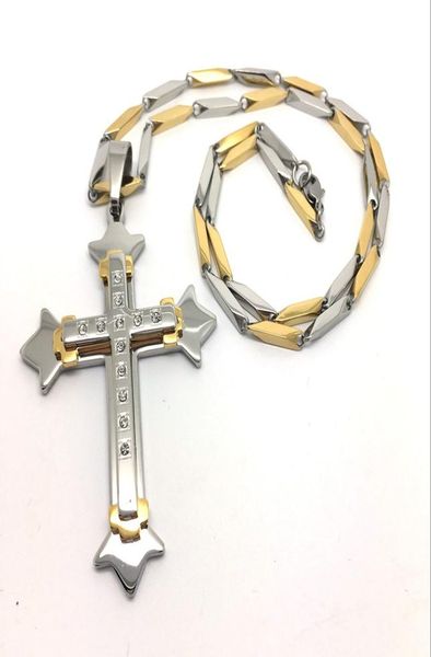 

men039s jewelry silver and gold stainless steel big stone cross pendant necklace chain np093653271