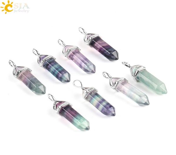 

csja fluorite necklace pendant natural gemstone bullet hexagonal point pendulum column reiki healing chakra jewelry for men wo3051185, Silver