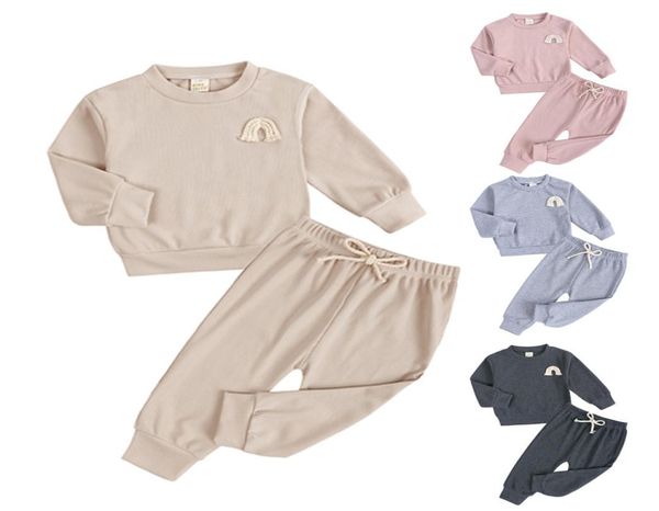 

infant newborn clothing baby girl boy autumn ribbed solid clothes sets long sleeve sweatshirt elastic pants 2pcs outfits8136610, White