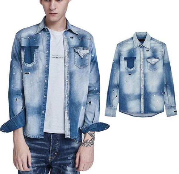 

2019 longsleeves cowboy shirt for men painted effect bleach washed distressed denim cotton shirts cool guy9973911, White;black