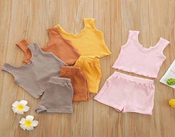 

summer kids solid clothing sets children sleeveless vest shorts twopiece set toddler knitted outfits m34993678070, White