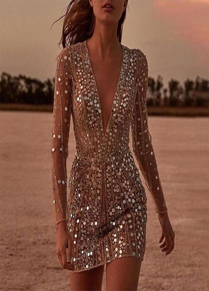 

drop deep vneck sequins dress women mini bodycon party dress elegant luxury night club dresses2317978, Black;gray