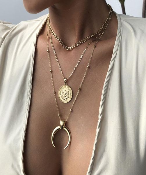 

designer jewelry whole for girl women bracelet necklace euramerican personage head moon coin alloy multi layer pendant neckl3975905, Silver