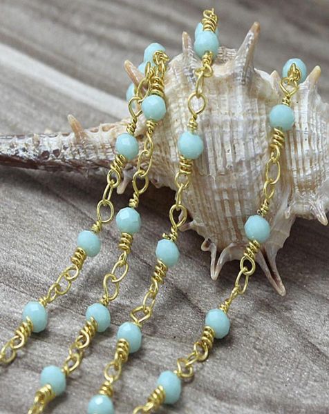 

whole aqua blue chalcedony rosary style beaded chain4x3mm faceted rondelles aqua blue beads wire wrapped gold chain beaded c48426677, Silver