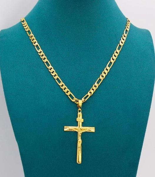 

real 10k yellow solid fine gold gf jesus cross crucifix charm big pendant 5535mm figaro chain necklace 24quot 6006mm8479332, Silver