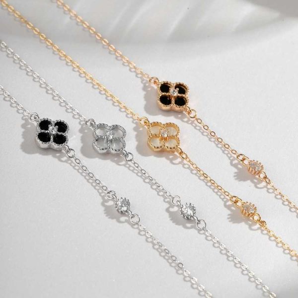 

four grass fashionable and minimalist style women's sterling silver chain niche design sense leaf shell zircon bracelet, Golden;silver