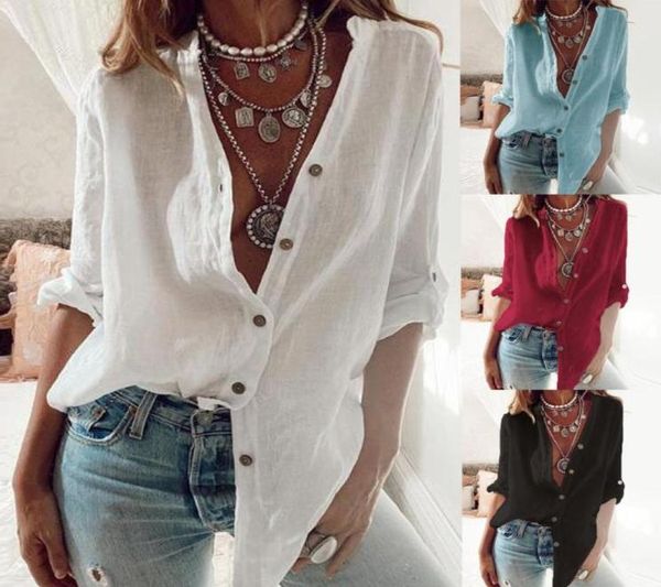 

h40 streetwear womens and blouses solid color buttons v neck long sleeves casual shirt blouse summer autumn blusas2558458, White