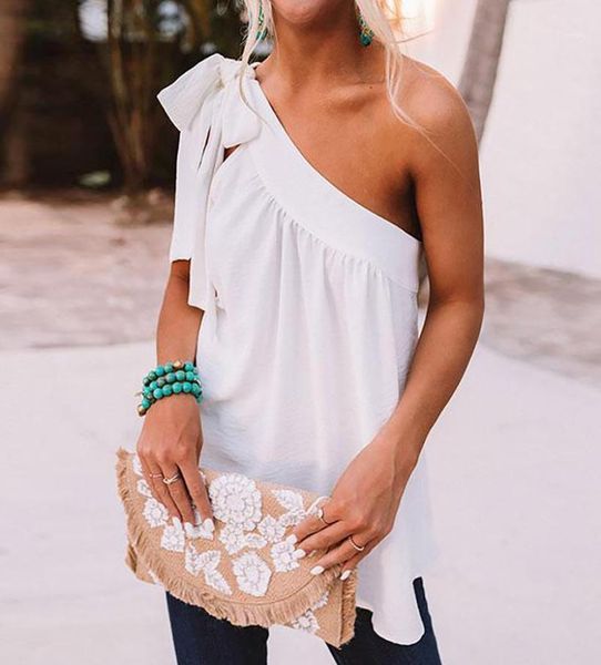 

women039s tshirt solid color casual summer big bow decoration ladies one shoulder womens fashion oneshoulder strappy3931175, White