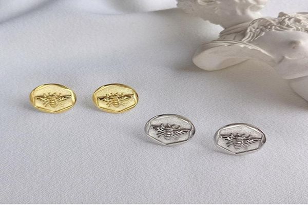 

2021 pure 925sterling silver prevent allergy bees stud earrings for women irregular geometric wedding earring jewelry pendientes1303803, Golden;silver