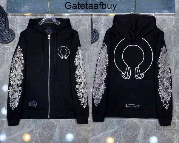 

classic fashion luxury mens zipper ch hoodies designer horseshoe sanskrit cross print pullover hooded sweatshirts sweater, Black