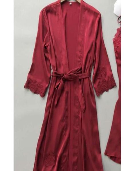 

womens robe gown sets lace bathrobe night dress sleepwear womens sleep clothing faux silk robe femme lingerie5344612, Black;red