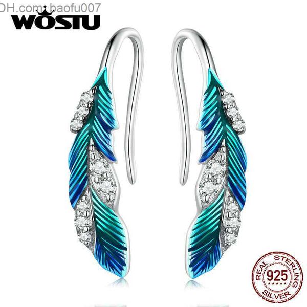 

charm wostu 925 sterling silver enamel blue feather pendant danlge women's earrings dazzling cz long earrings party gift bohemian jewel, Golden