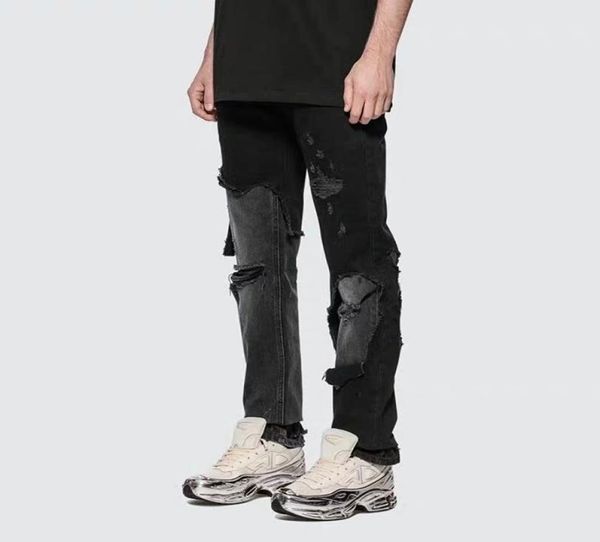 

raf high street pants simons washed double layer destruction deconstruction stitching holes slim fit jeans pants v50v6888129, Blue