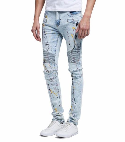 

hiphop skinny jeans men pleated zipper spliced painted splashink denim casual penicl pants tide6650198, Blue