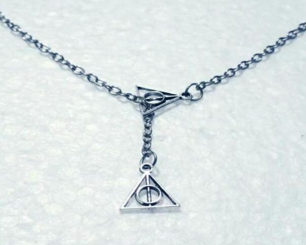 

new triangle movie trendy jewelry antique silver the deathly hallows charm double cross pendant adjustable lariat chain necklace 88459133