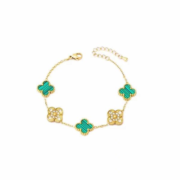 

double sided four-leaf clover five flower women lucky hand ornament malachite fritillary green stripe bracelet luxury, Golden;silver