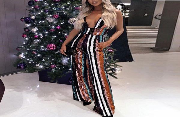 

missord 2019 deep v off shoulder multi color sequin backless striped rompers elegant party jumpsuit ft18932 t51906149083006, Black;white