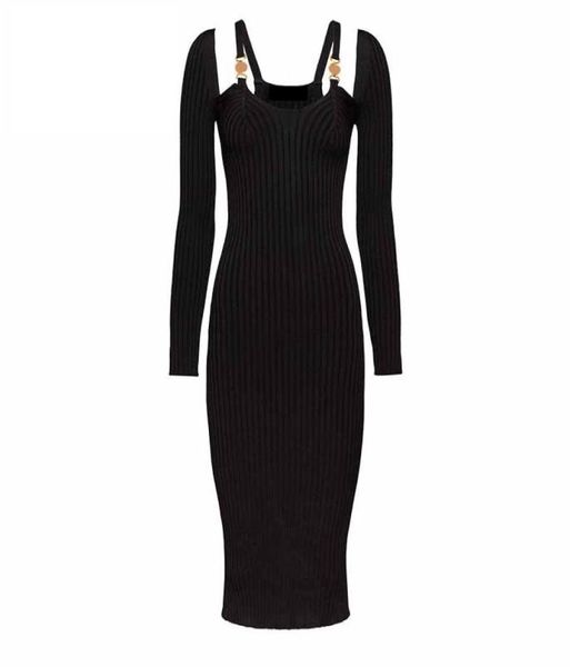 

new women runway dresses v neck full sleeve knit slim dress female gold button long milan party dress e186293488, Black