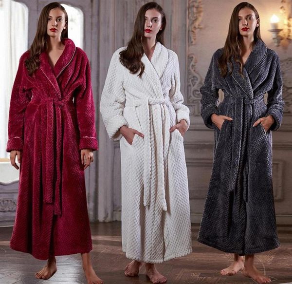 

women extra long thermal jacquard flannel bathrobe winter warm plus size zipper bath robe pregnant dressing gown men sleepwear266c7463571, Black;red