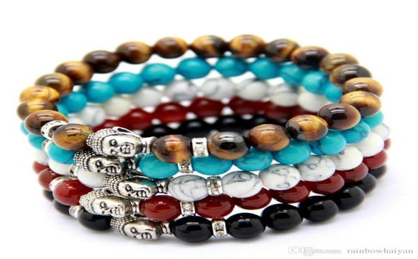 

whole 10 pcslot men s beaded buddha bracelet turquoise black onyx red dragon veins agate tiger eye semi precious stone je1856908