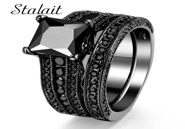 

fashion big square zircon ring set vintage black couple ring titanium jewelry wedding rings for women birthday gifts9131504, Silver