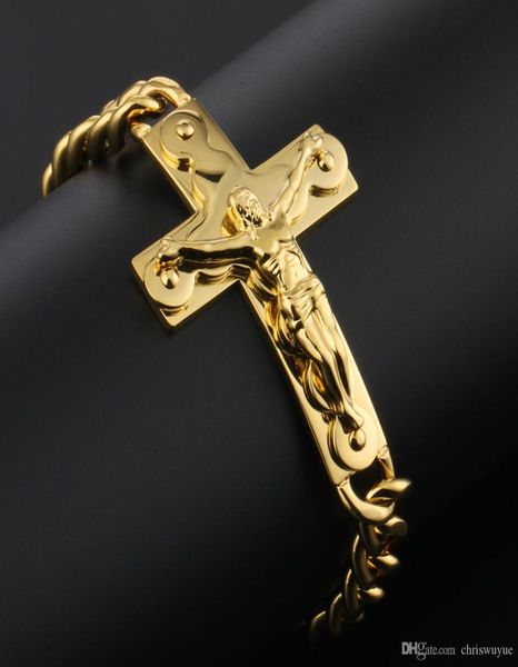

mens chain bracelet crucifix jesus cross link chain gold color stainless steel religious jewelry gift for men4749425, Black